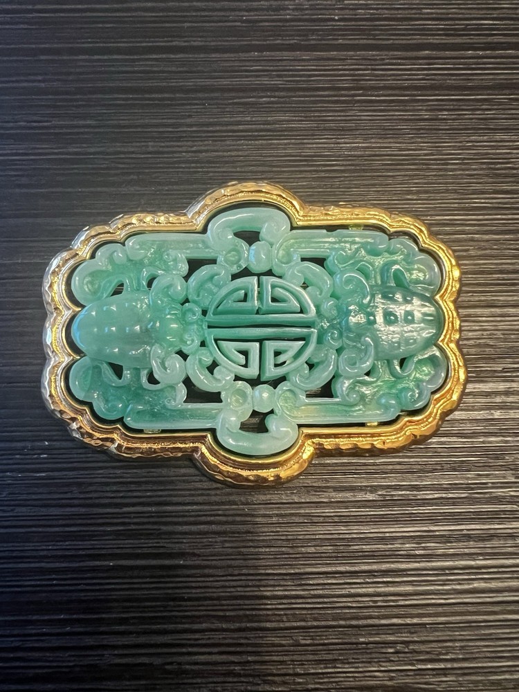 Vintage 1950s Vendome Goldtone & Faux Jade Brooch In A Chinese Style Design