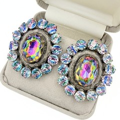 Vintage Watermelon Iris Glass AB Crystal Halo Statement Clip On Earrings