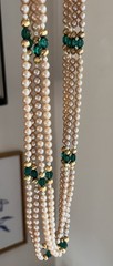 Vintage 4 Layered Ivory Pearl Green Glass Crystal Pave Clasp Beaded 24” Necklace