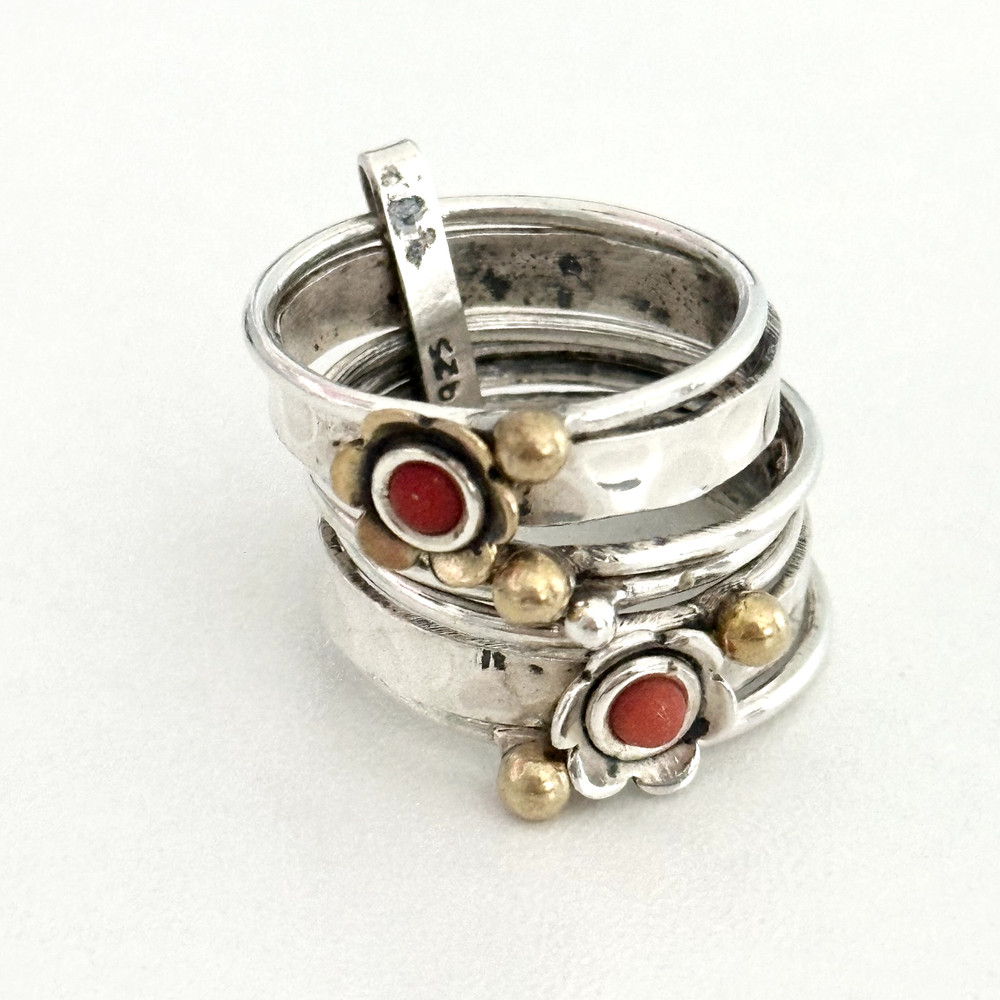 Vintage Sterling Silver Multi Row Band Two Tone Coral Flower Spinner Ring Sz 7
