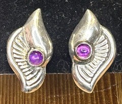 Vntg Modernist Sterling Silver And Amethyst Screw Back Earrings Mexico 6 Grams