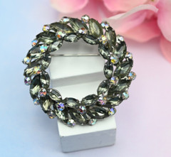 Vtg Smoky Gray Marquise Rhinestone AB Layered Wreath Silver Plated Pin Brooch