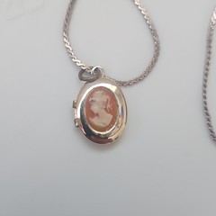 Oval Cameo Locket Pendant Necklace Silver Tone White Orange Stone