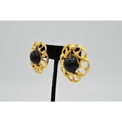 Vintage Cabochon Earrings Chain Link Round Gold Black Beaded Chunky NOS 1980s 9H