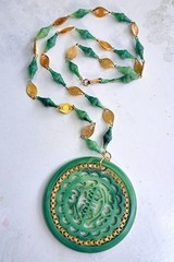 Rare Vintage Large Faux Jade LUCITE Medallion Pendant Necklace Carved—Hong Kong