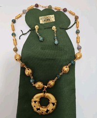 Gold Plated 24k PreColumbian Inca Pendant Necklace & Drop Earrings Set Faux Jade