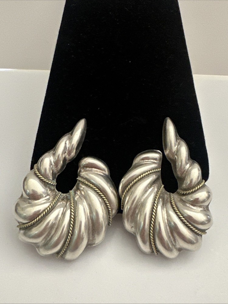 Vintage Signed TA 97 925 Clip-On Earrings 2″ Cornucopia Horn Mexico