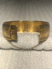 Antique 1930’s Victorian Revival Etched Hinged Bangle Wide Gold tone Bracelet