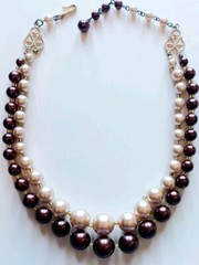 Japan Vintage Midcentury Faux Pearl Necklace Double Strand Bronze & Ivory