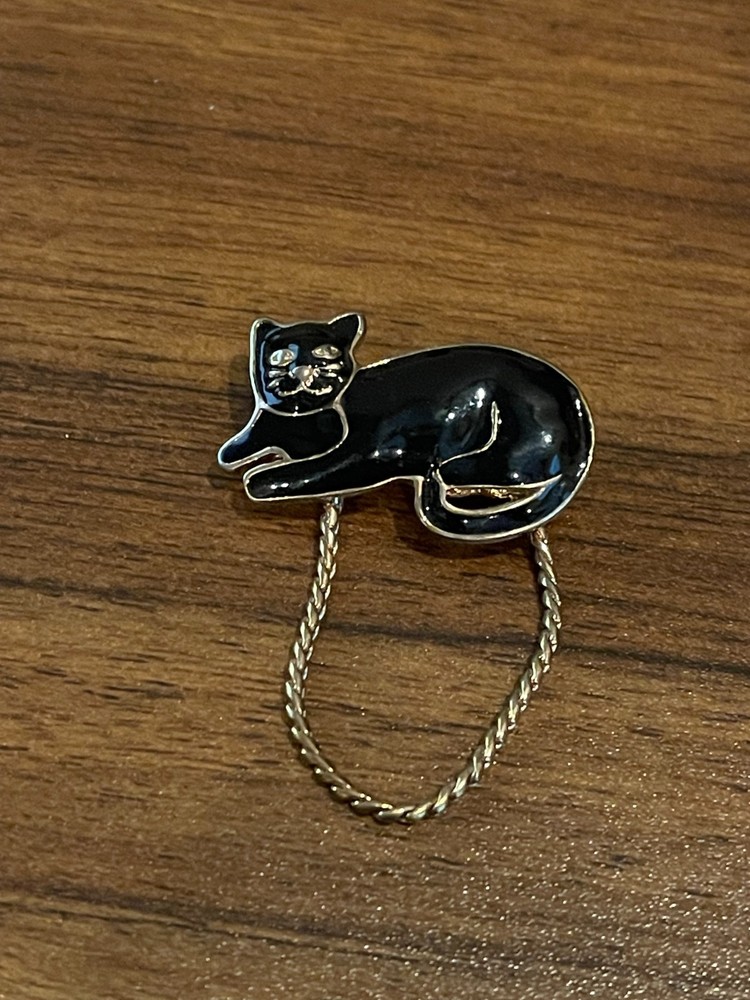 Vintage Enamel Black Cat Gold-Tone Brooch Gold Accents