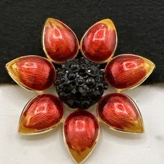 Vintage Swarovski Flower Brooch Red Enamel Black Swarovski Crystals Gold Tone