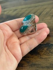 Marcasite Sterlling Silver Chunky Double Green Stone Ring Size 8