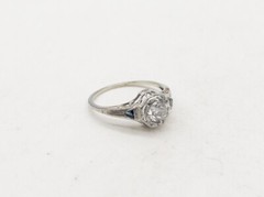Antique 1920s $5K 1ct Natural Diamond Blue Sapphire 18k White Gold Filigree Ring