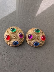 Vintage Multicolor Cabochon Costume Clip On Earrings Gold Tone Chunky Heavy R48