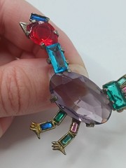 1940s Pot Metal Bird Brooch Rhinestone Figural fruit salad purple glass Vintage