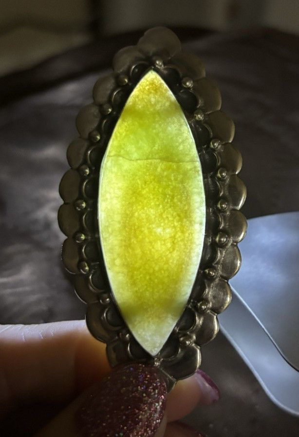 Antique sterling silver Jade brooch orange yellow green 1850-1910 Mexico