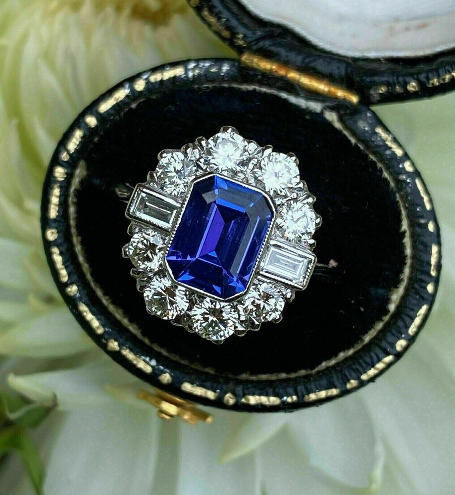 Antique Art Deco Blue Sapphire & Lab Created Diamond Engagement 925 Silver Ring