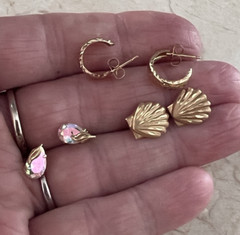 3 Pairs 14K Yellow Gold Dainty Earrings Lot Seashell Etched Hoops & AB Crystal