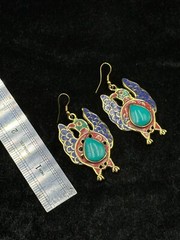 Vintage Tibetan Nepalese Unique Brass Bird Earring With Coral & Turquoise Stone