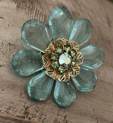 Vintage Mid Century Jumbo Lucite AB Blue Green Aqua Crystal Flower 3” Brooch