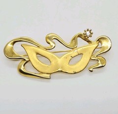 Masquerade Theater Mask Brooch Mardi Gras Pin Gold tone Crystal Accent Vintage