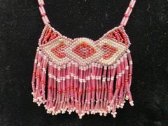Handmade Glass Seed Bead Bib Style Necklace & Earrings Pink & White Vintage