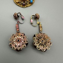 Vintage Purple Jewelry Set 3 Piece Floral Pendant Clip-On Earrings Set Blue Bead