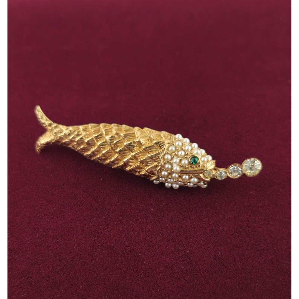 Vintage Fish Brooch Faux Pearl Green Rhinestone Gold Tone Figural Nautical Pin