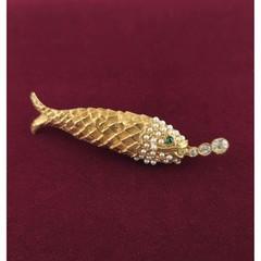 Vintage Fish Brooch Faux Pearl Green Rhinestone Gold Tone Figural Nautical Pin