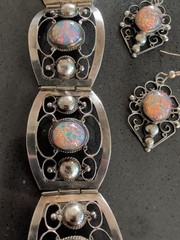 Sterling Pink Dragons Breath Fire Opal Foil Glass Taxco Mexico Bracelet Earrings
