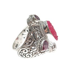 SARDA 925 Sterling Vintage Real Druzy Pink Topaz & Tourmaline Ring Size 5.25