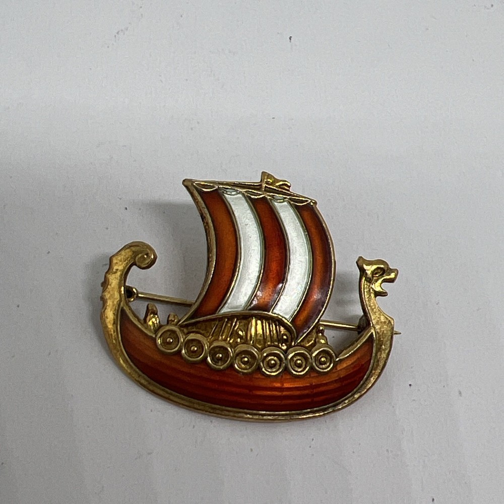 Vintage Signed Norway 925 Enamel Sterling Viking Boat 1.3” Brooch Pin