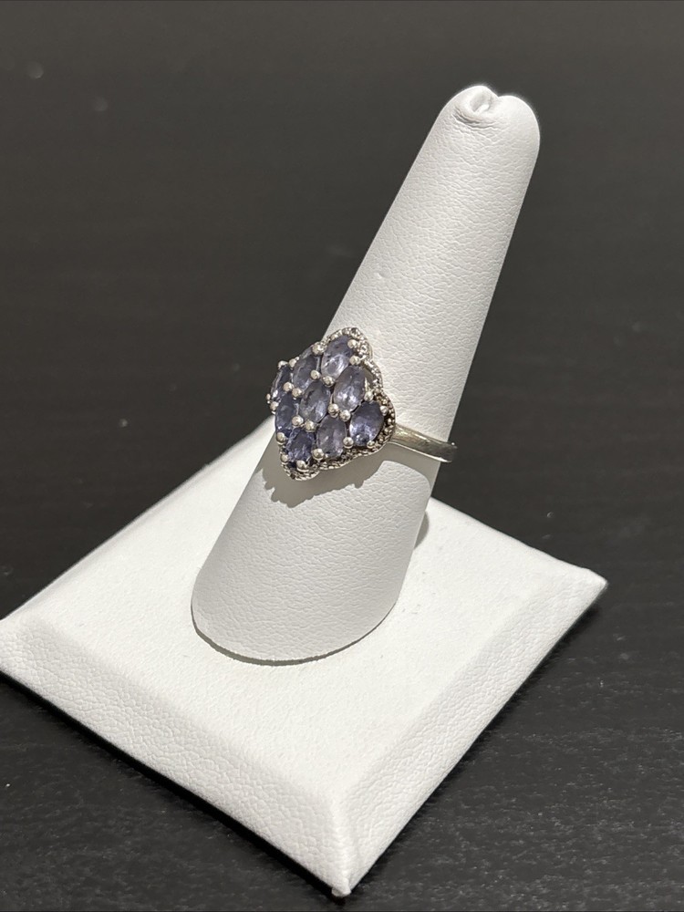 Sterling Silver 925 Blue Violet Tanzanite Style Cluster Diamond Ring Size 8 TGGC