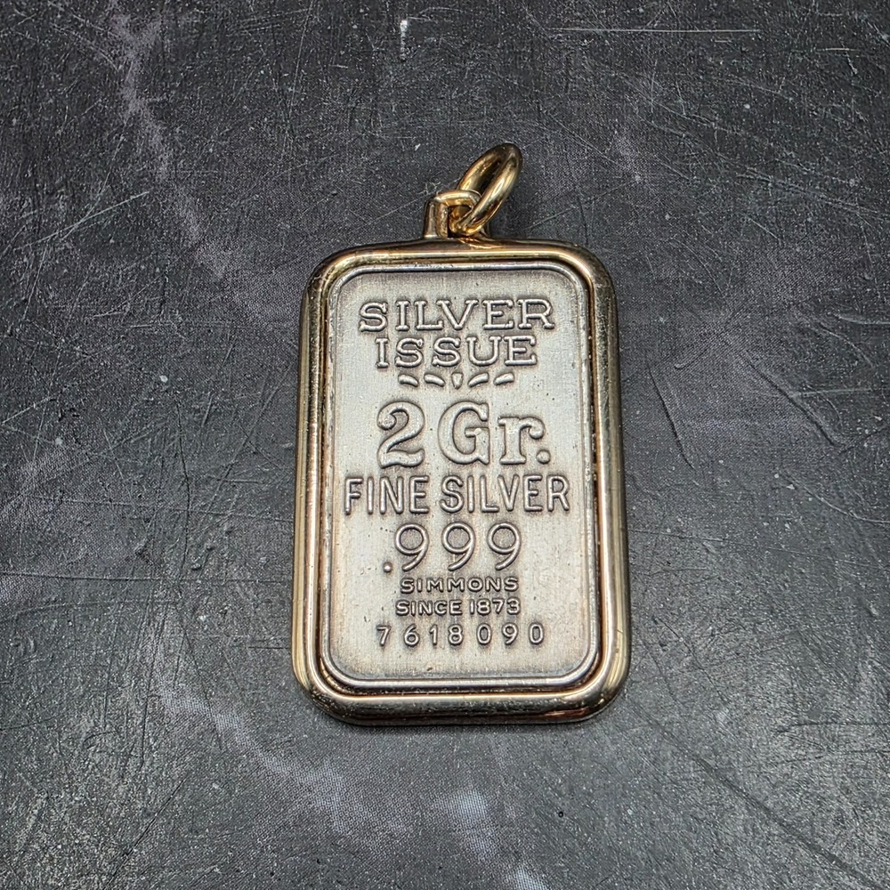 Vtg 1970s-1980s Simmons 2 Gr .999 Fine Silver Bar Pendant in Gold Tone Bezel