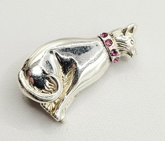Cat Kitty Sit Pretty Pink Rhinestone Collar Jezlaine Sterling 925 Vtg Brooch Pin