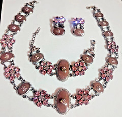 Antique Style Art Deco Silver Tone Filigree Pink/Purple Cabochon jewelry Set