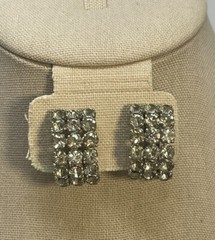 VTG Clear Rhinestone Triple Row Half Hoop Clip On Earrings Silver Tone 1″ J-Hoop