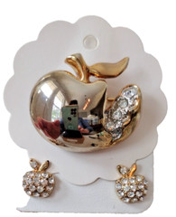 Vintage Rhinestone Apple Set FREE SHIP Gold Tone Brooch Pin Fruit Post Earrings