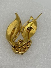 Vintage Unsigned Demi Parure Brushed Gold-Tone Leaves Rhinestone Brooch Clip Ear