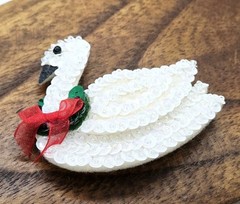 Swan Brooch Christmas Pin Sequin White with Wreath around Neck 2.25 in ELEGANT