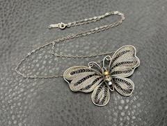 Sterling Silver Filigree Butterfly Pendant Necklace w/ Aurora Borealis