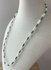 Mother of Pearl Blue Natural Stone and Plastic Gold Tone Beaded Barrel Necklace