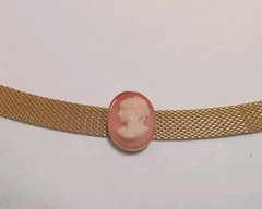 Vintage Gold Tone 15 Inch Mesh Choker Necklace With Cameo Signed Karu