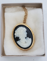 VTG Avon Convertable Faux Cameo Necklace/Brooch Gold Tone 23 in. Chain