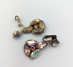 Aurora Borealis Crystals Rhinestones Clip On Earrings AB Vintage Unmarked Dangle
