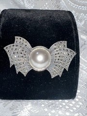 Vintage Judith Jack Sterling Silver 925 Marcasite and Faux Pearl Bow Brooch