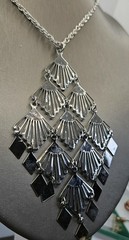 Vintage Large Pendant Necklace Fan Scallop Diamond Shape Silver Tone Chain 18″
