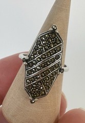 Vintage 925 Silver Art Deco Pavé Marcasite Navette Cocktail Ring Size 5.5