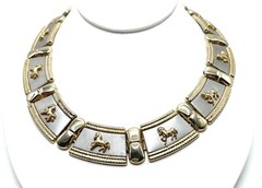 Greco Roman Revival Two Tone Silver Gold Horse Bar Link Collar Necklace Wide VTG