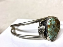 Alpaca Mexico Silver Cuff Bracelet Turquoise Leaf Motif Adjustable